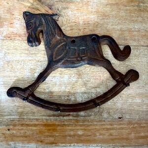Vintage Wrought Iron Rocking Horse 4 Peg Wall Hanging Old Heavy Stamped Detail